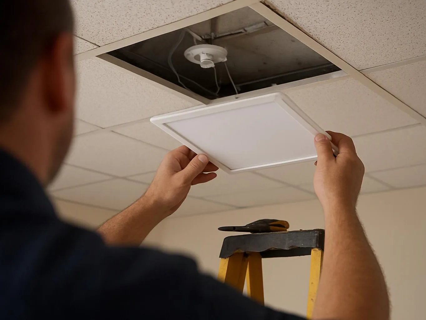 A person installs a ceiling light panel while standing on a step ladder under a dropped ceiling