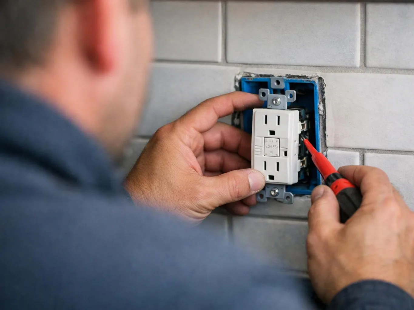 A person installs a wall outlet with a screwdriver against a tiled backsplash indoors