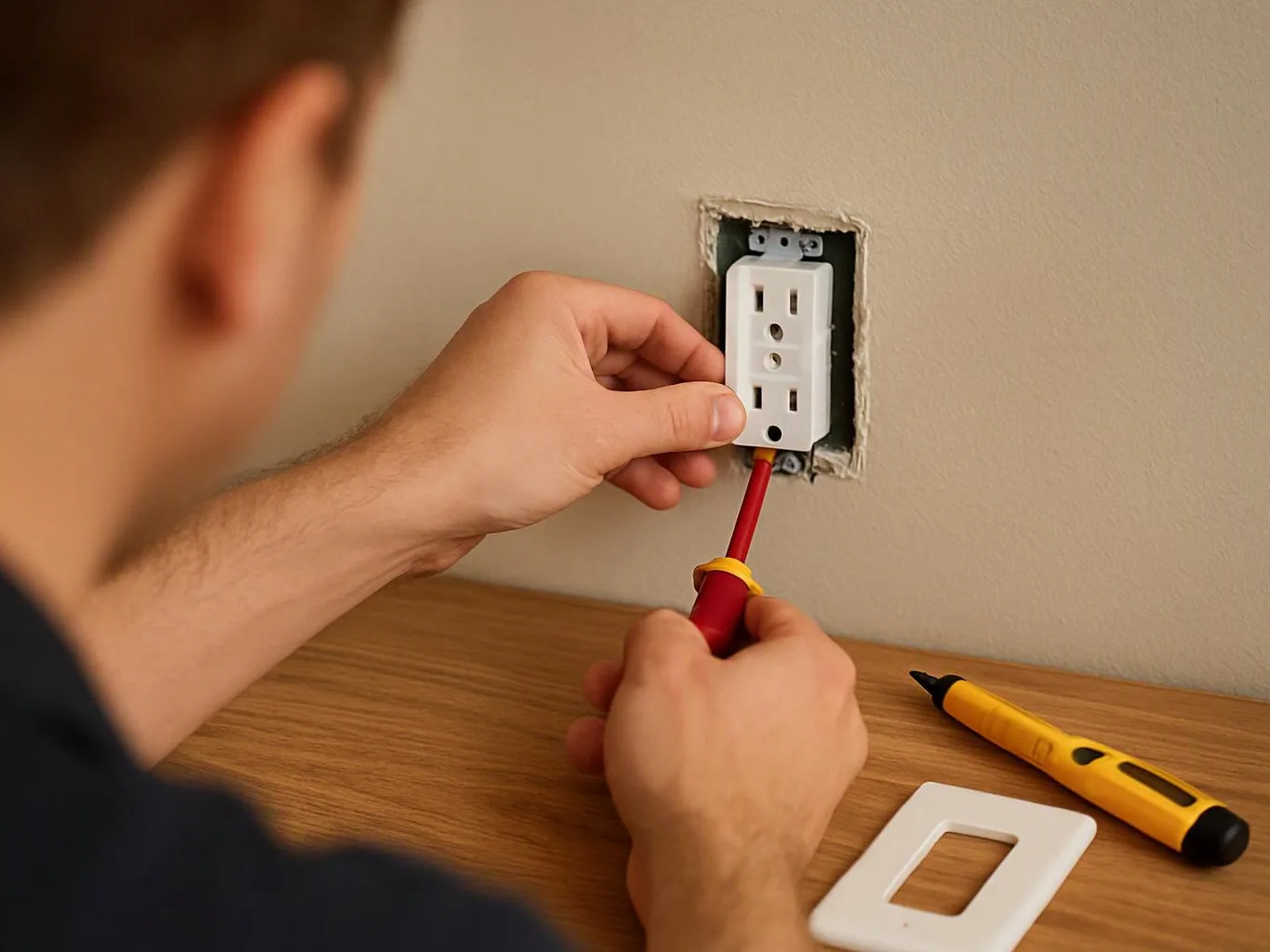 A person installs a wall outlet with a screwdriver beside a wooden work surface, with tools nearby