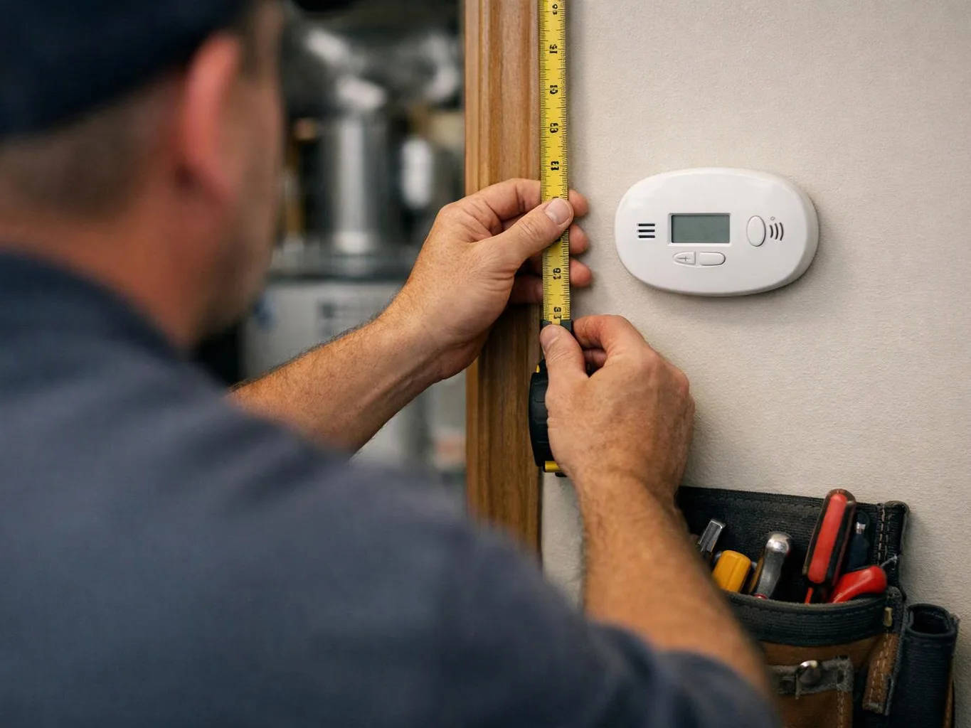 A person measures a wall beside a thermostat, with tools in a pouch on the right