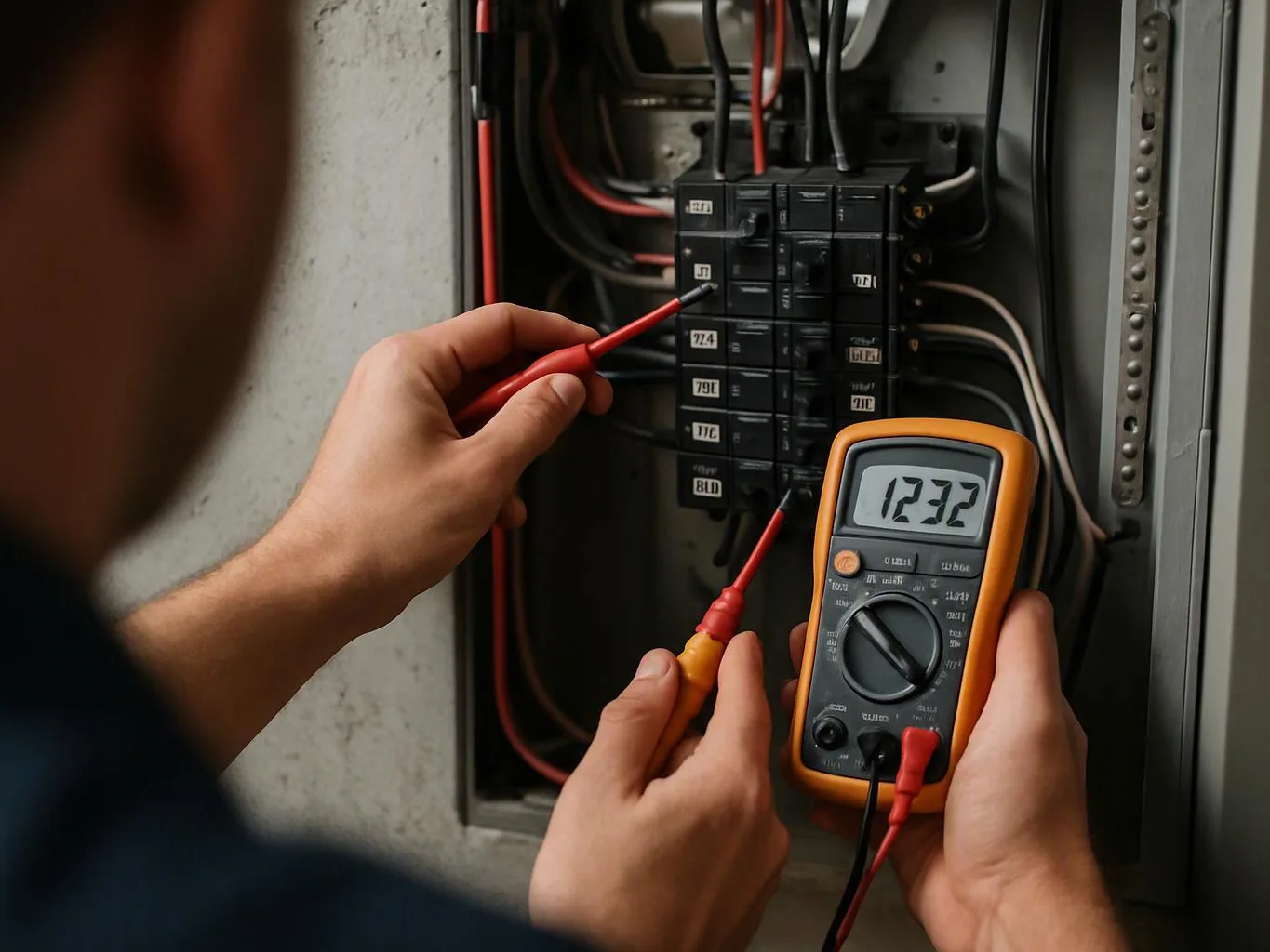 A person tests an electrical breaker panel with a multimeter and red probe inside a wall cabinet