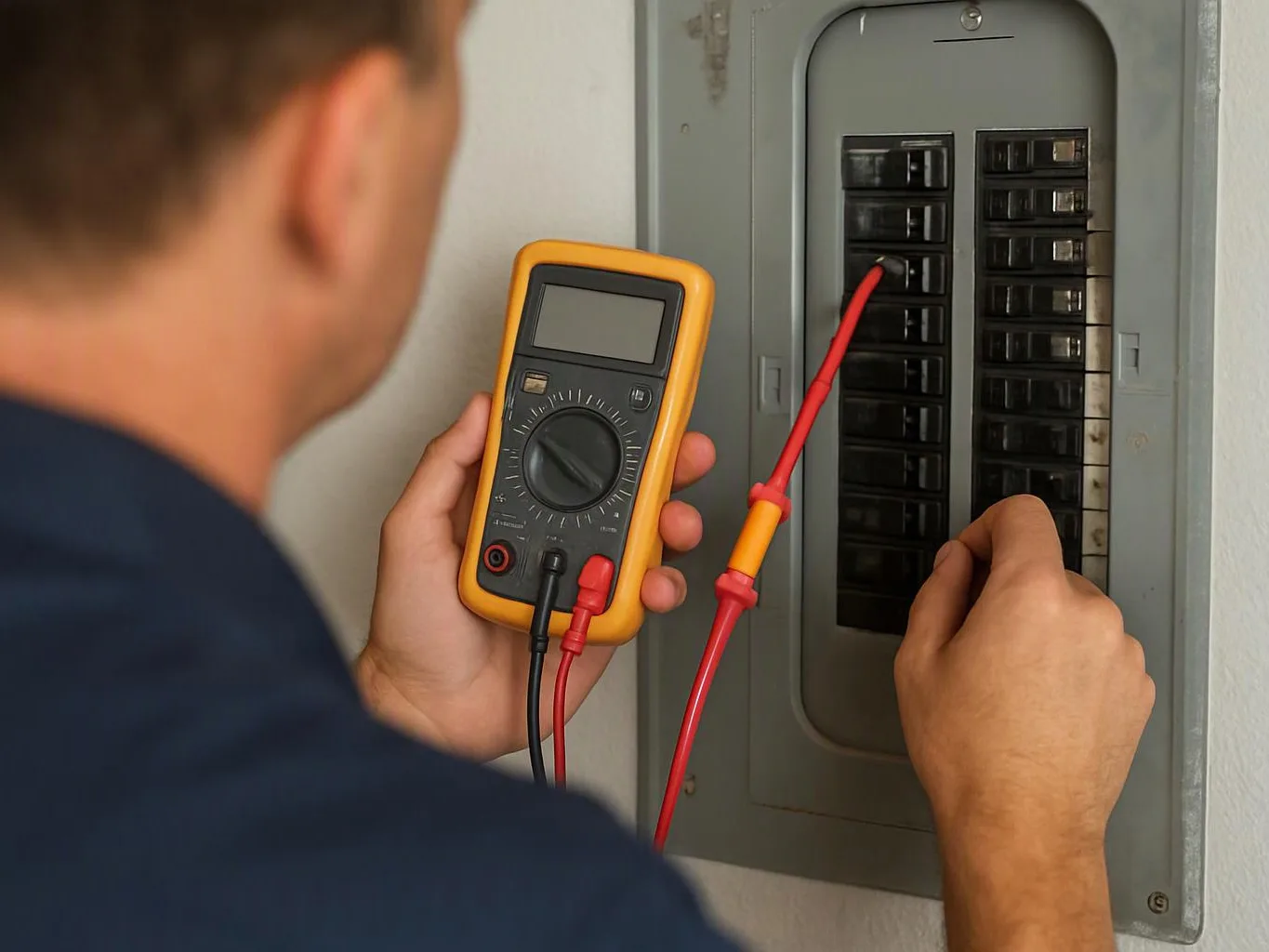 A person uses a digital multimeter to test an electrical breaker panel indoors
