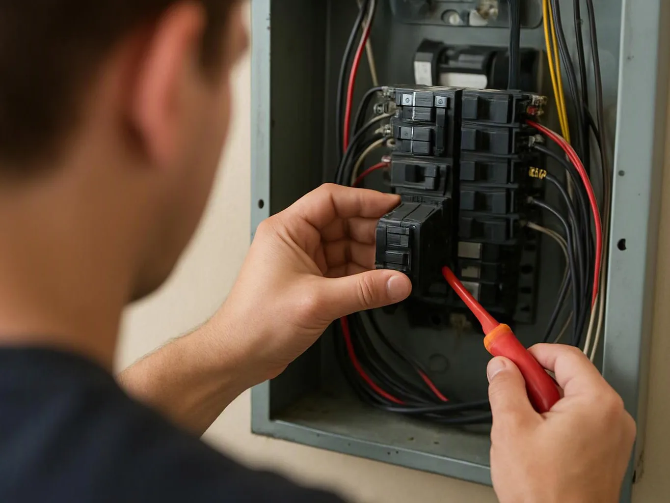 A person uses a red-handled screwdriver to work inside an open electrical breaker panel
