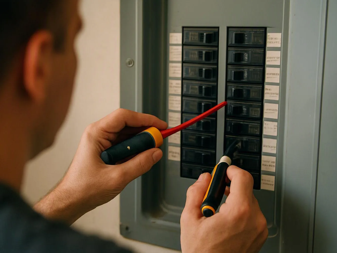 A person uses two screwdrivers to work inside an open electrical breaker panel