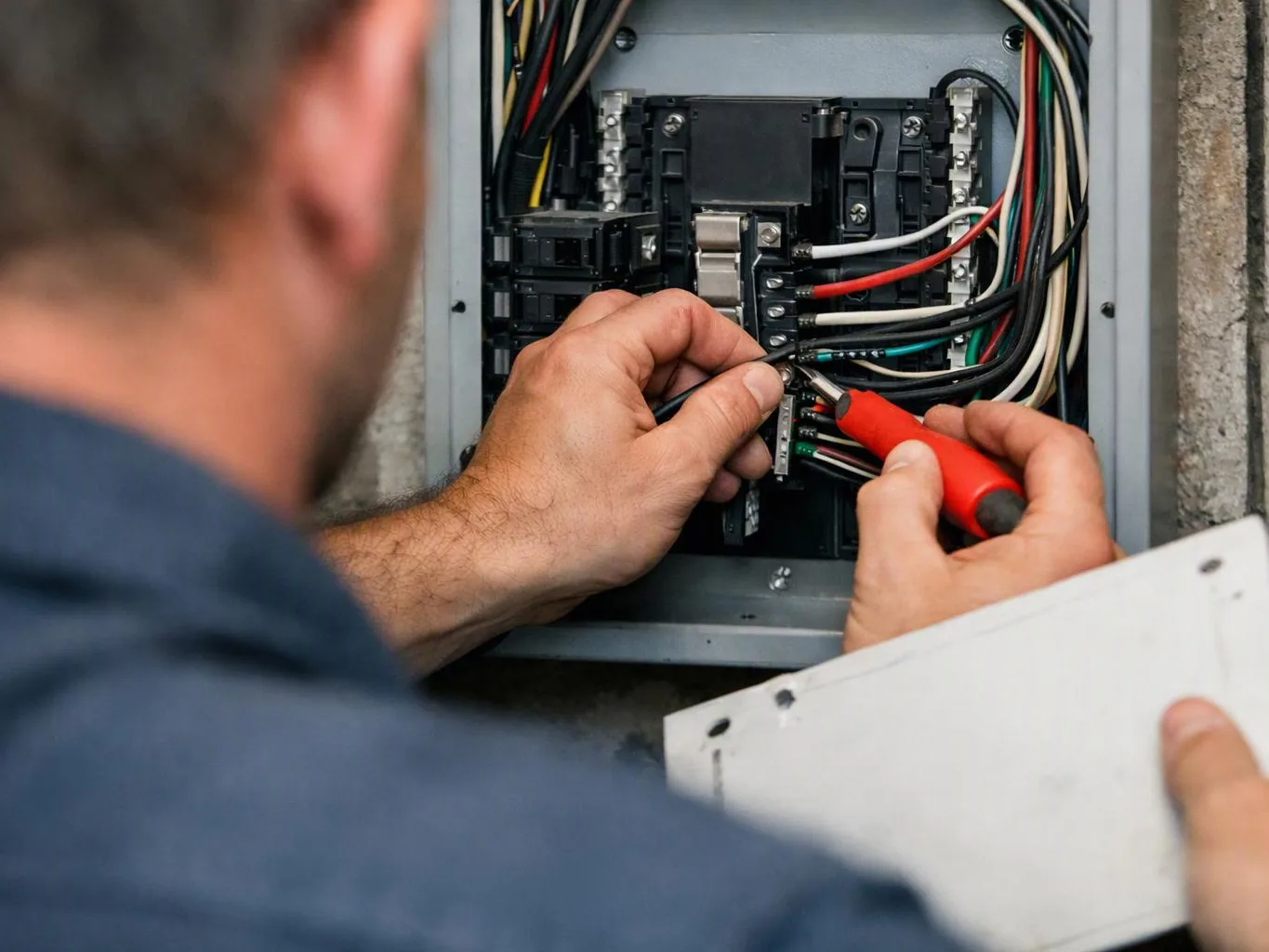A person wires an electrical panel with a red-handled screwdriver beside bundled colored cables