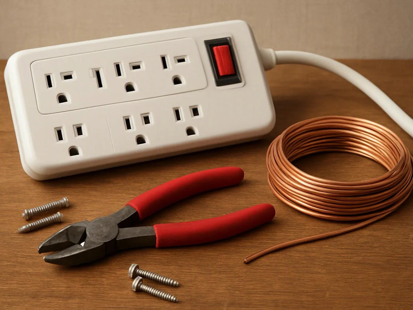 A power strip, wire coil, pliers, and screws sit on a wooden table