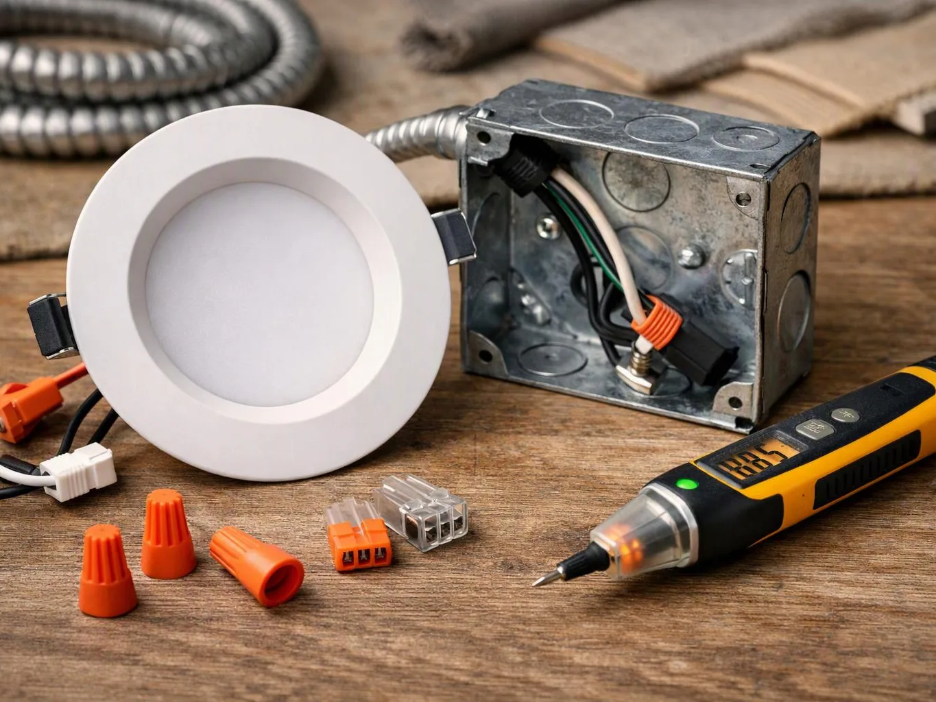 A round recessed light, metal junction box, wire connectors, and a test pen sit on a wooden workbench