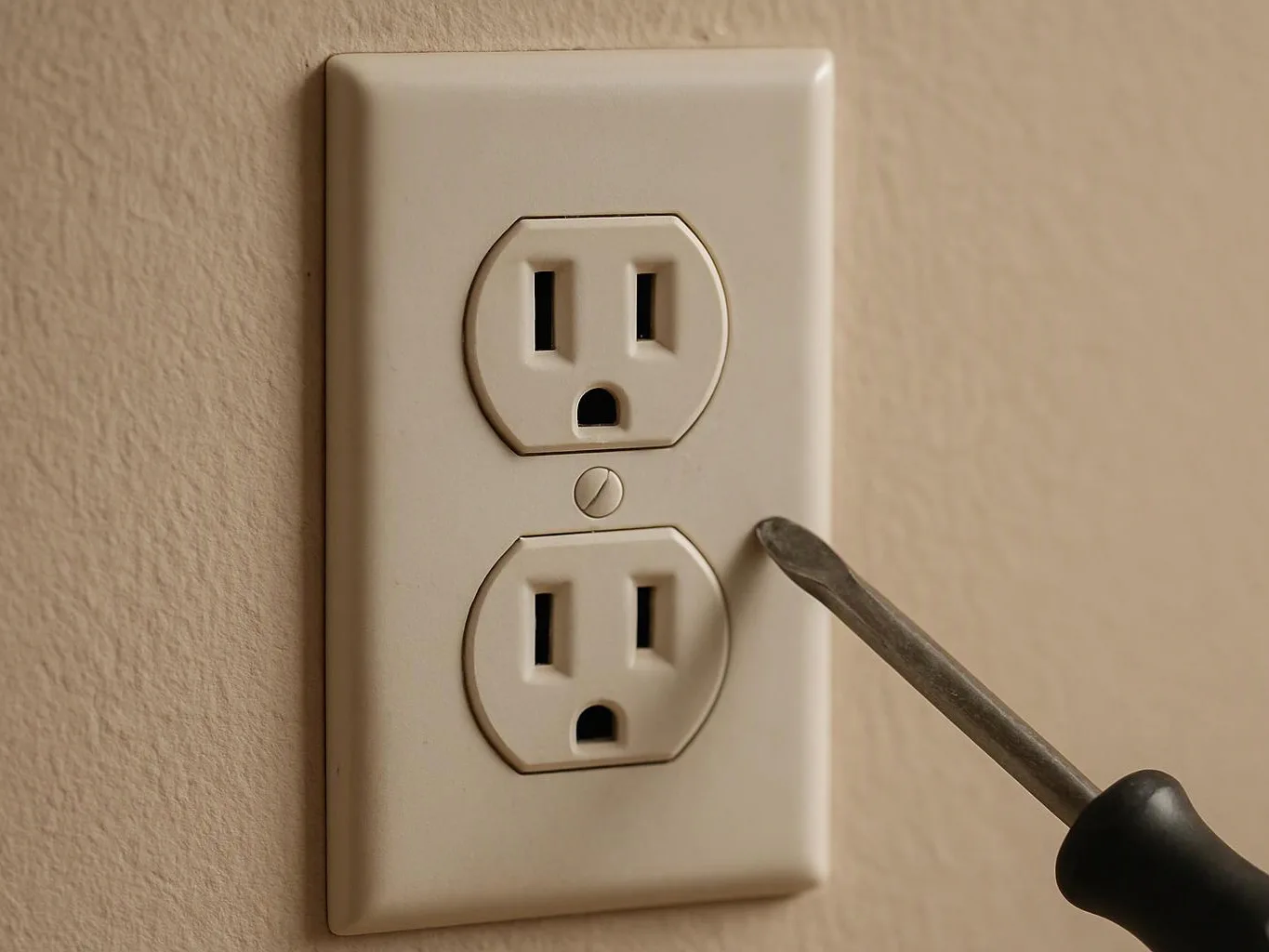 A screwdriver points at a beige wall outlet with two sockets on a textured wall