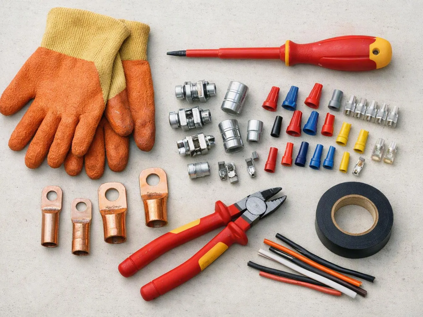 A set of electrical tools and connectors lies on a light work surface, with gloves, screwdriver, pliers, tape