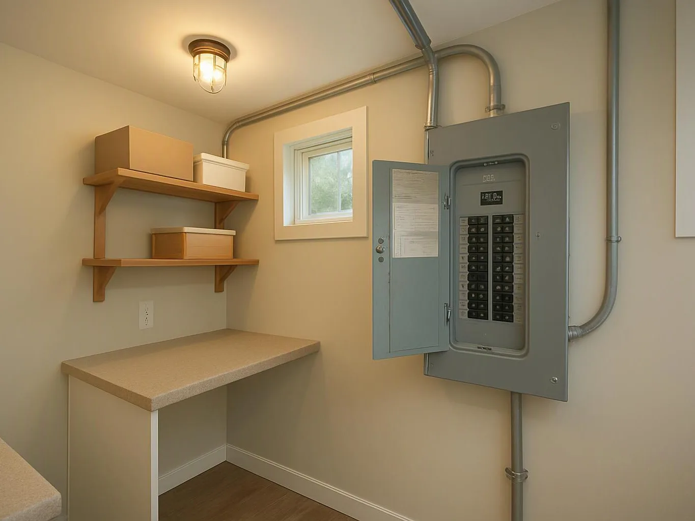 Small utility room with shelves, a work counter, and an open electrical breaker panel on the wall