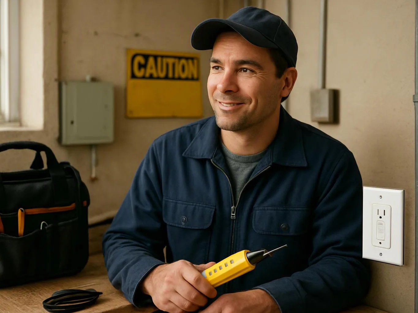 A smiling electrician in a cap holds a yellow tester beside a wall outlet in a workshop