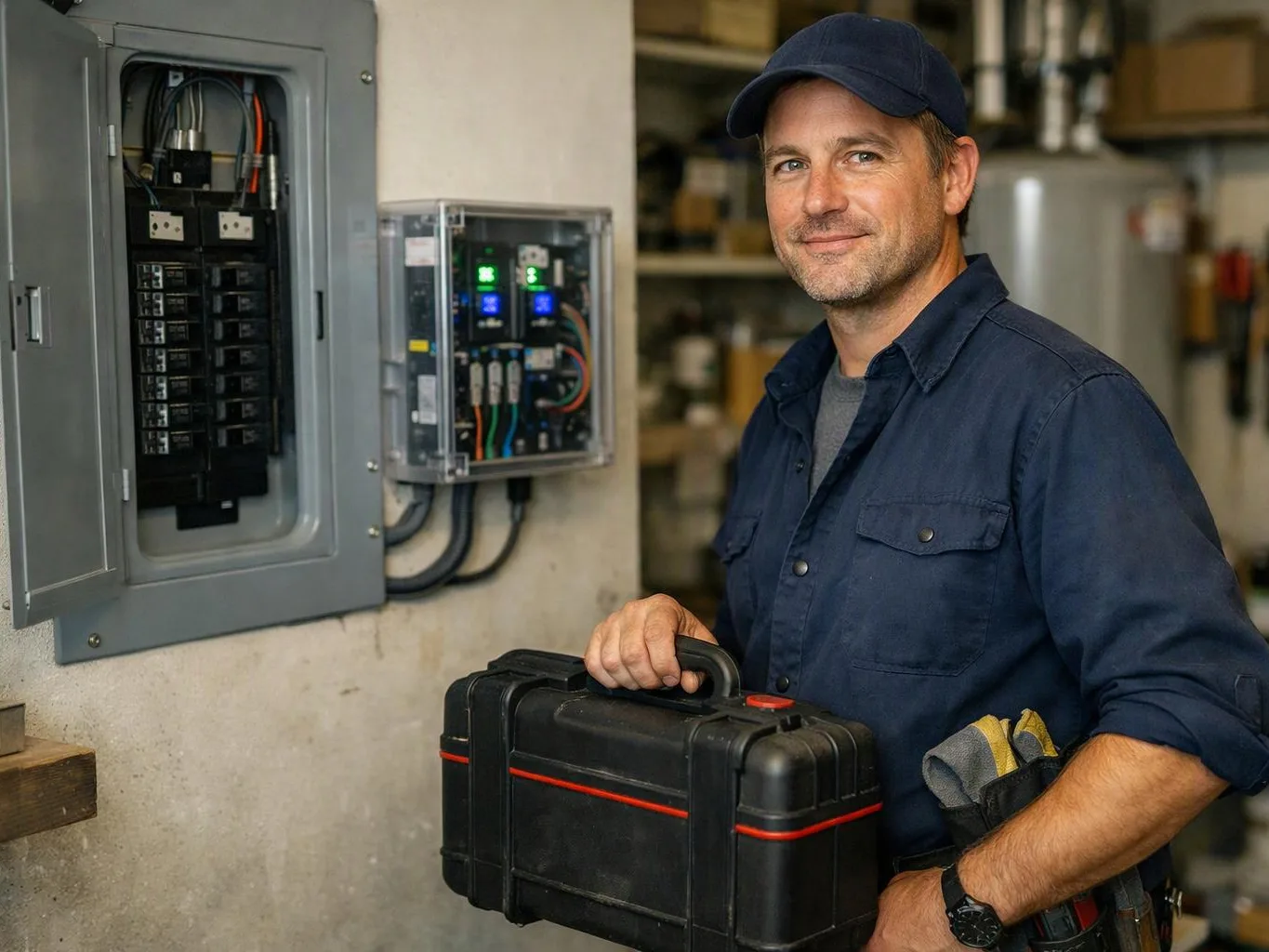 A smiling electrician stands by open circuit panels, holding a black toolbox in a workshop