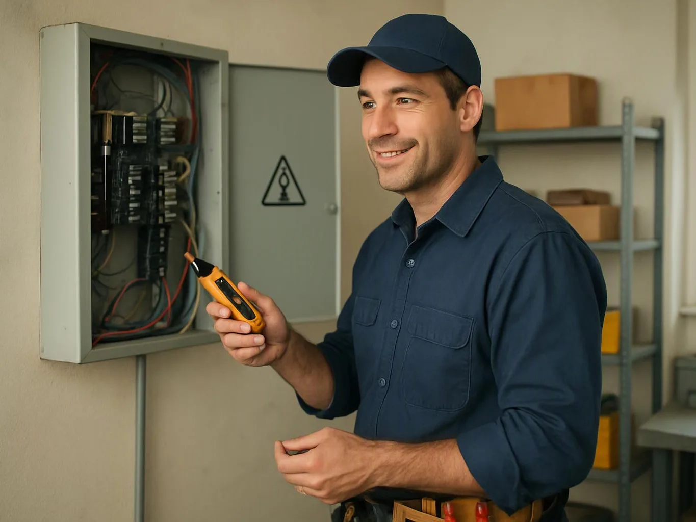 A smiling man in a blue cap holds a voltage tester beside an open electrical panel in a storage room