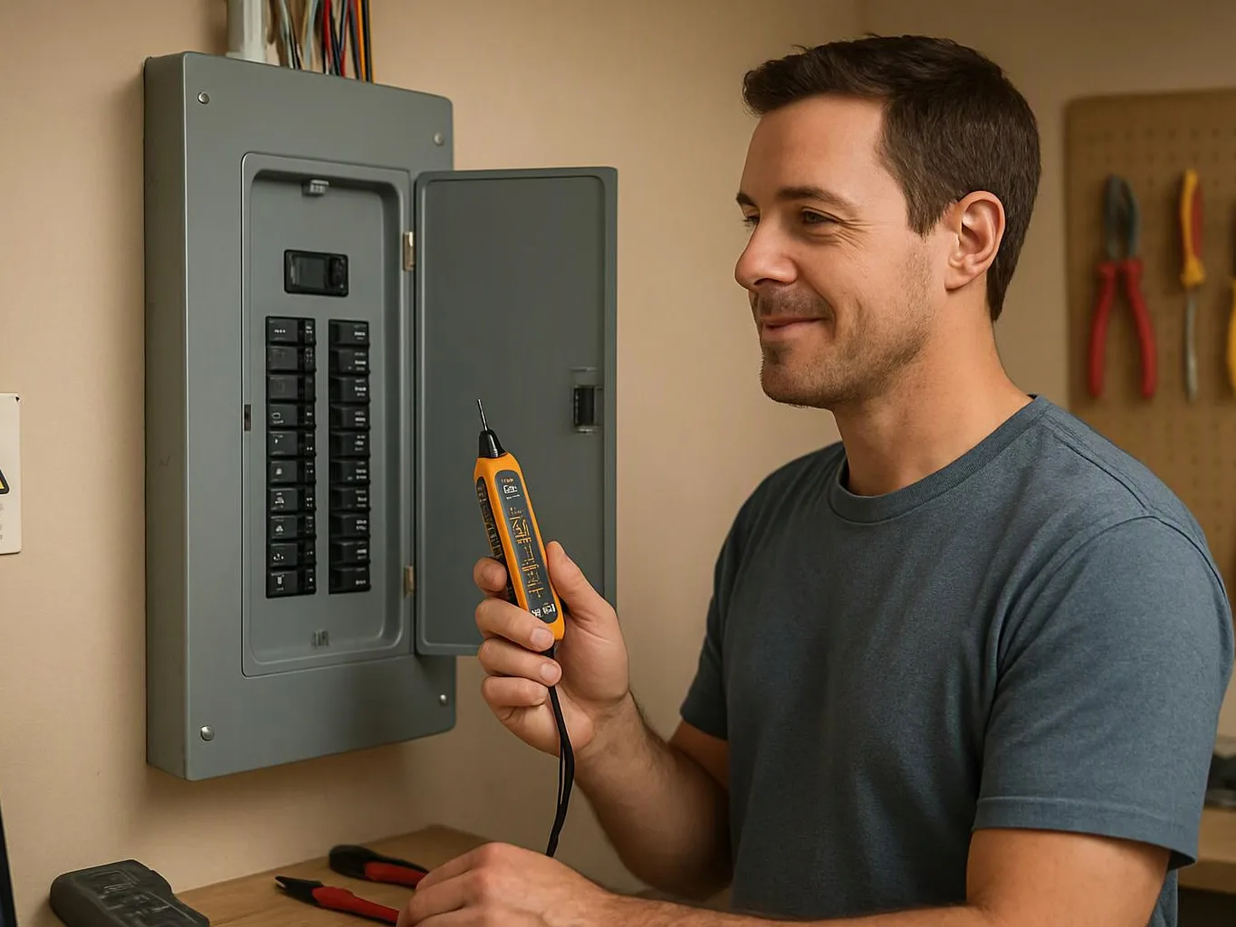 A smiling man holds a voltage tester beside an open electrical breaker panel in a workshop