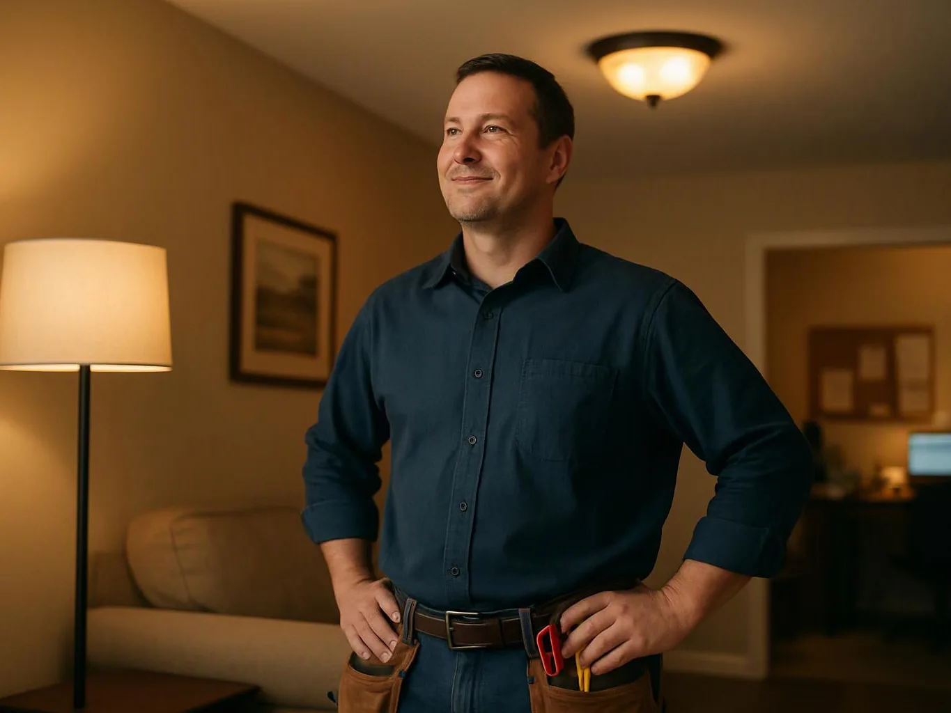 A smiling man stands with hands on hips in a warmly lit living room, wearing a dark shirt and tool belt