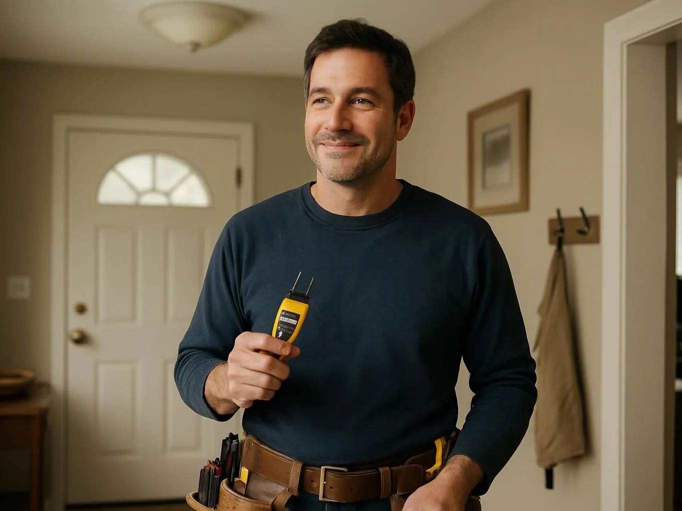 A smiling man stands indoors holding a yellow handheld device, with a tool belt by the front door