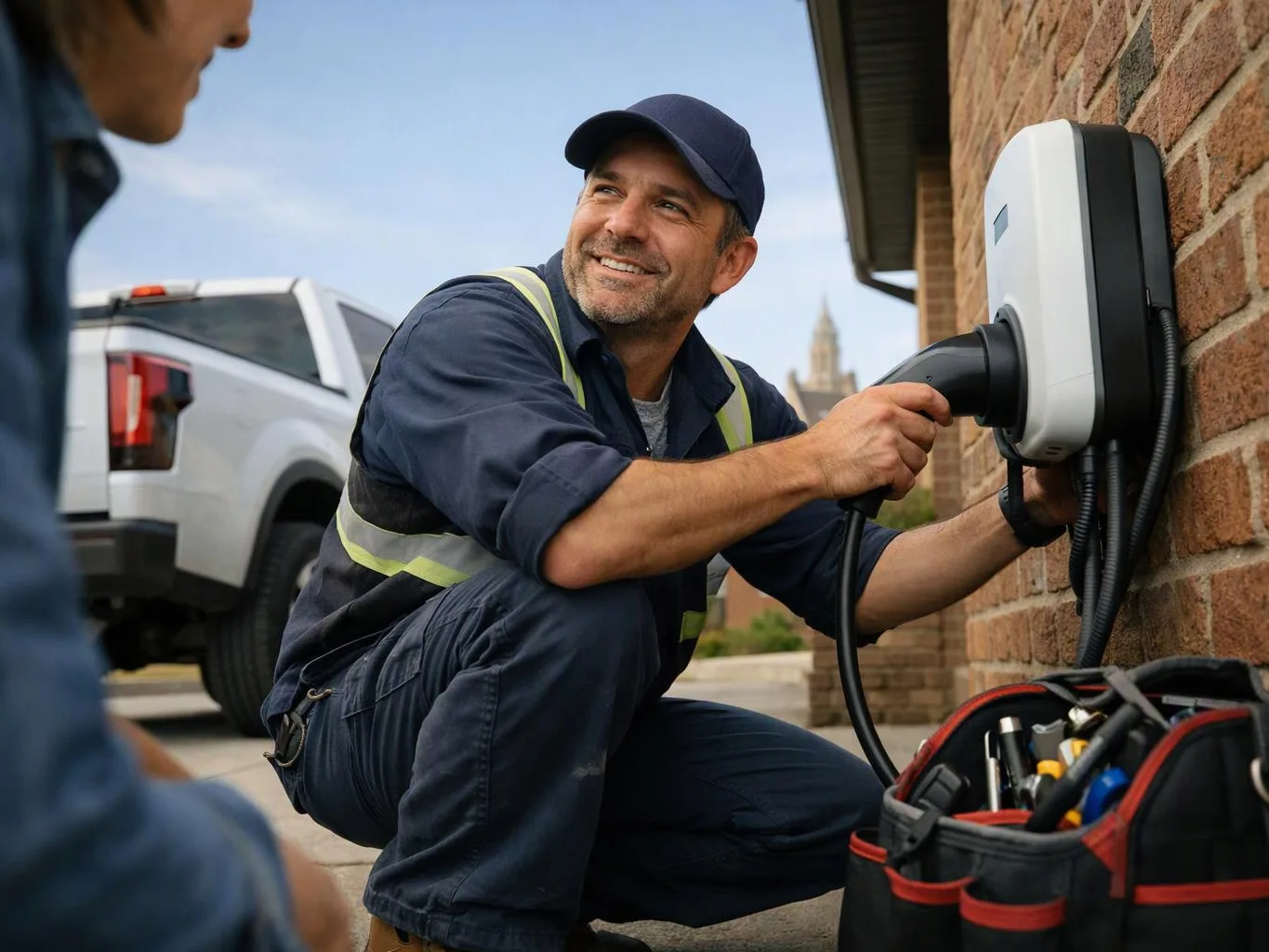 A smiling man in work clothes plugs an electric car charger into a brick wall beside a pickup truck