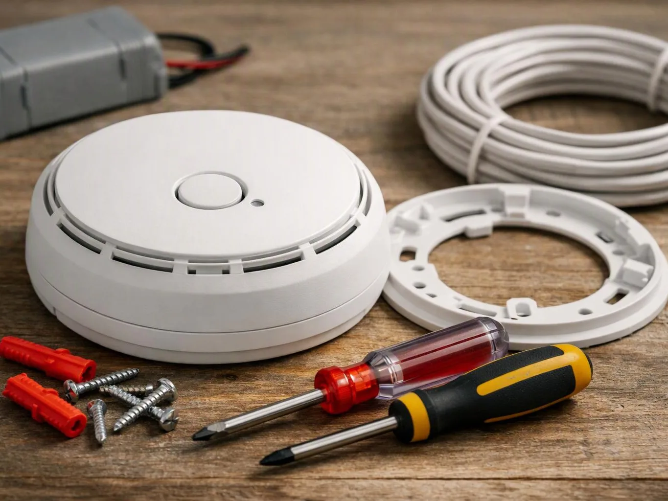 A smoke detector, mounting ring, coiled cable, screws, wall plugs, and two screwdrivers sit on a wooden surface