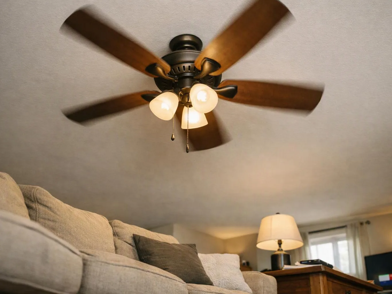 A spinning ceiling fan with lit glass bulbs hangs above a couch in a cozy living room
