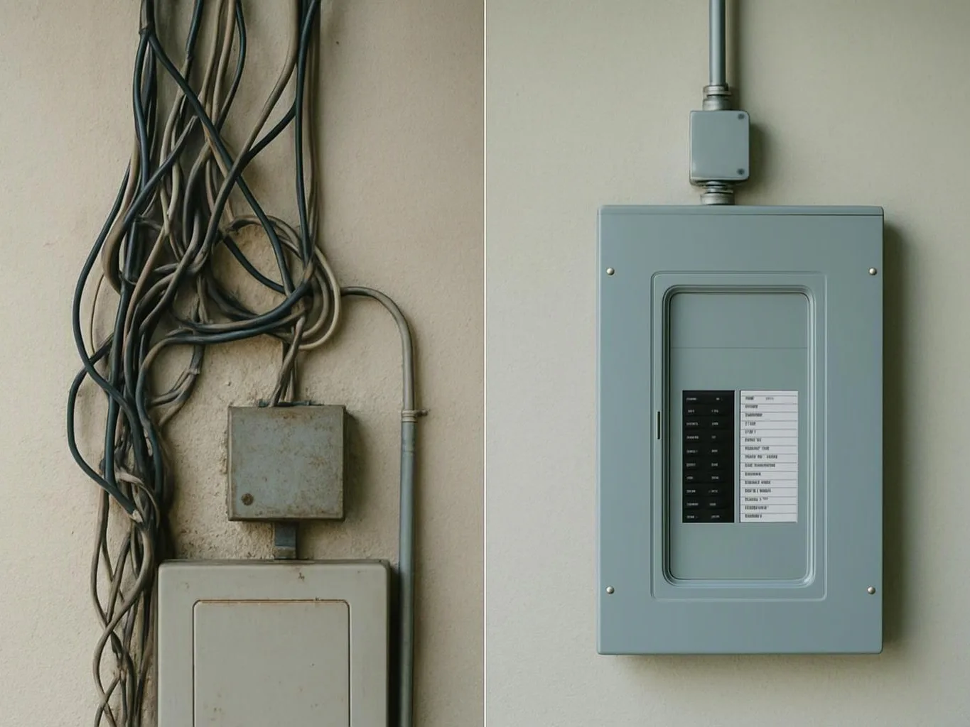 A split image shows messy exposed wires beside an old box, and a neat electrical panel on a wall