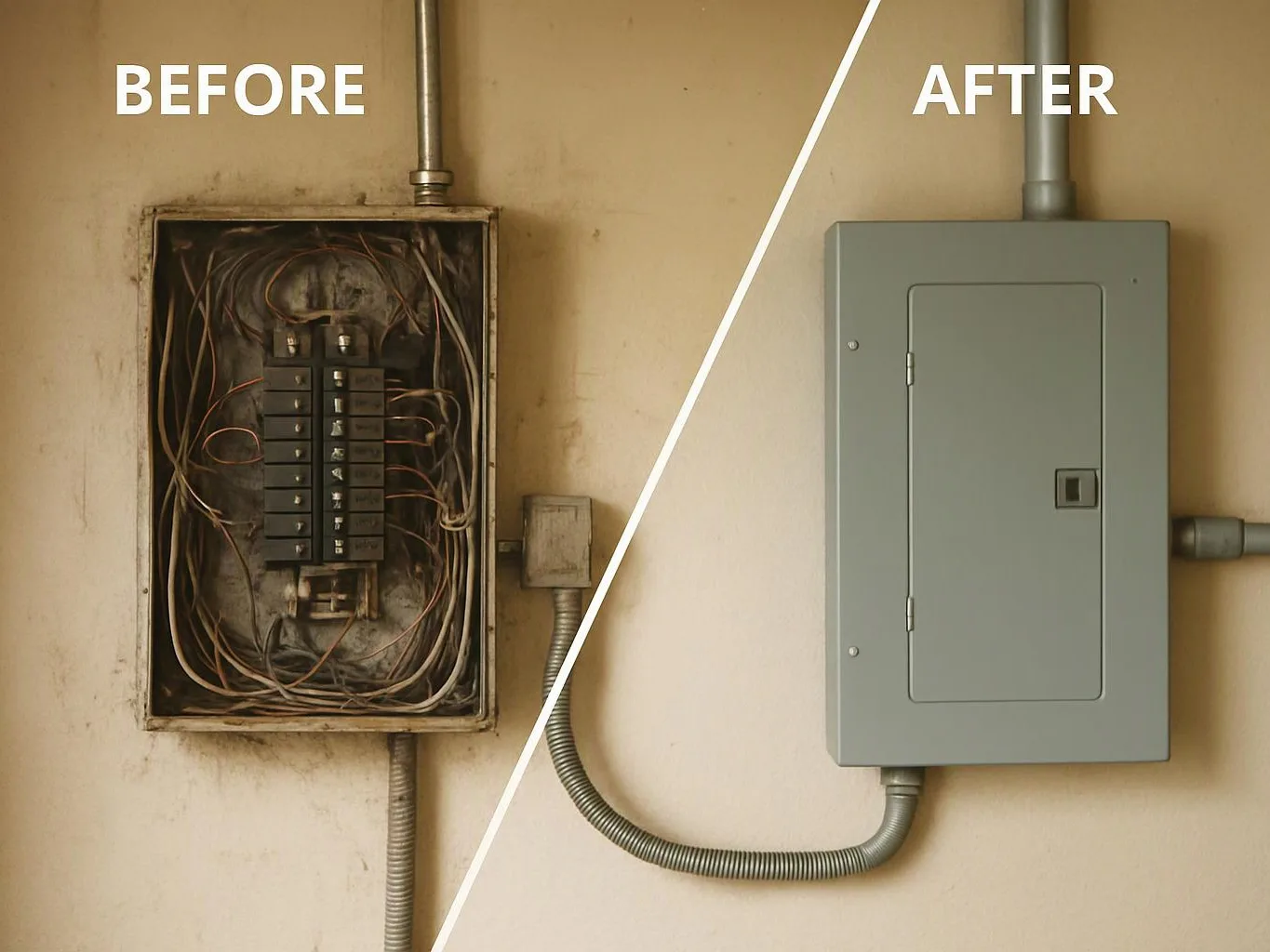 Split-screen shows a messy open electrical panel before and a clean gray covered panel after on a wall