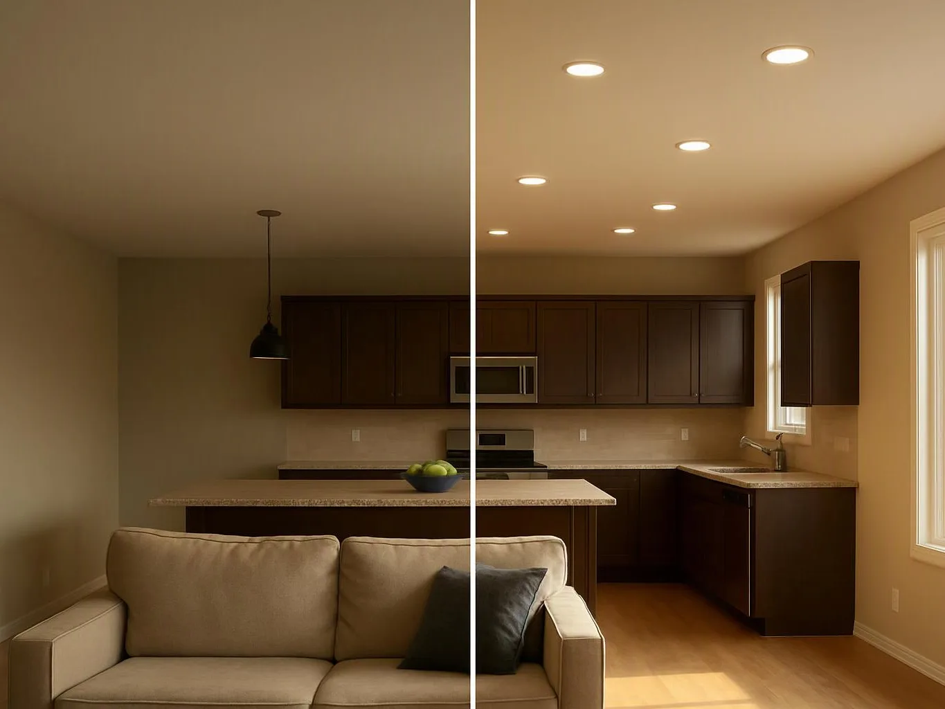 A split-screen shows the same empty kitchen and living area with darker cabinets on the left and brighter lights on the right