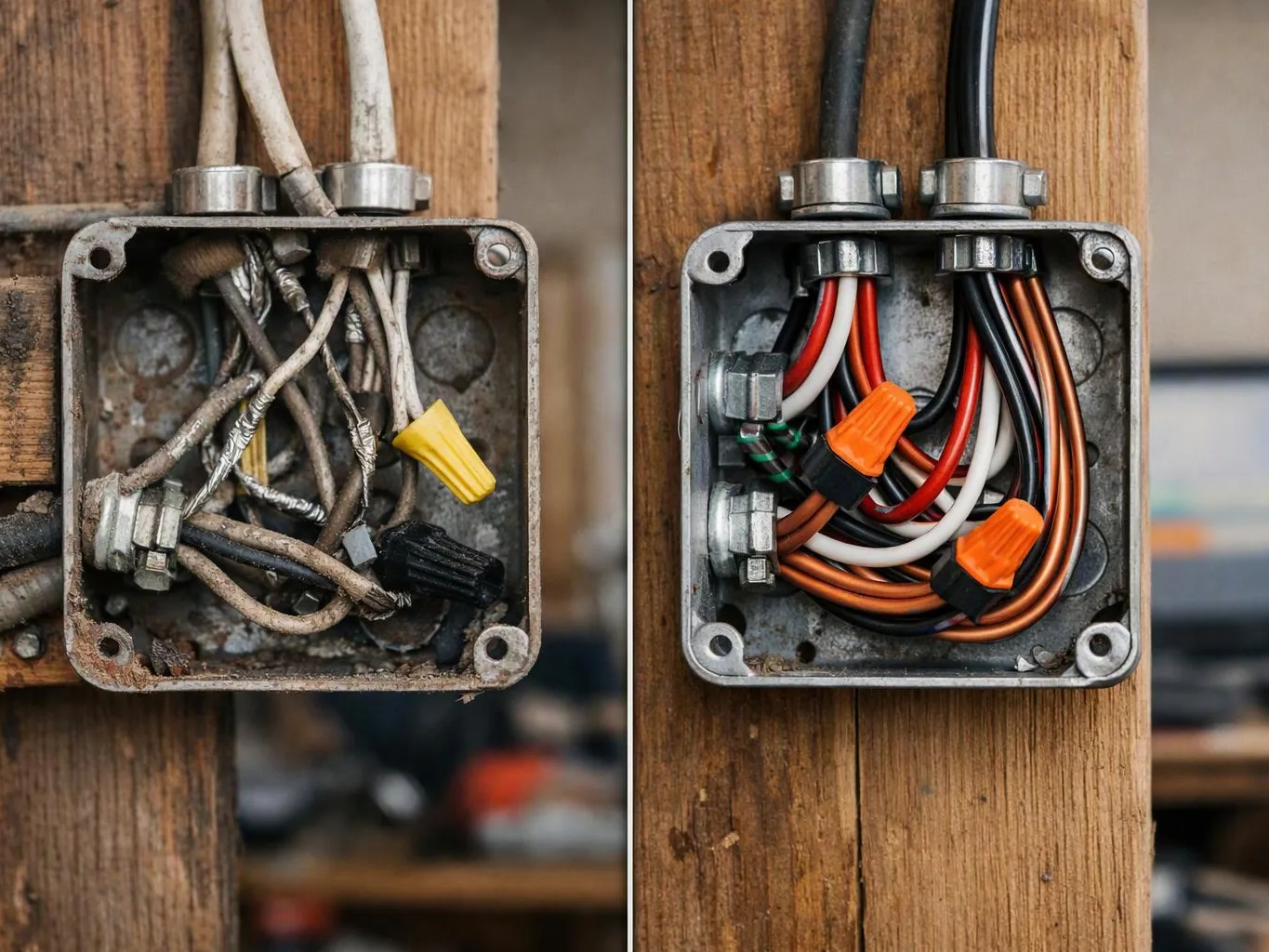 A split view shows a messy old electrical box beside a neatly wired one on wooden boards