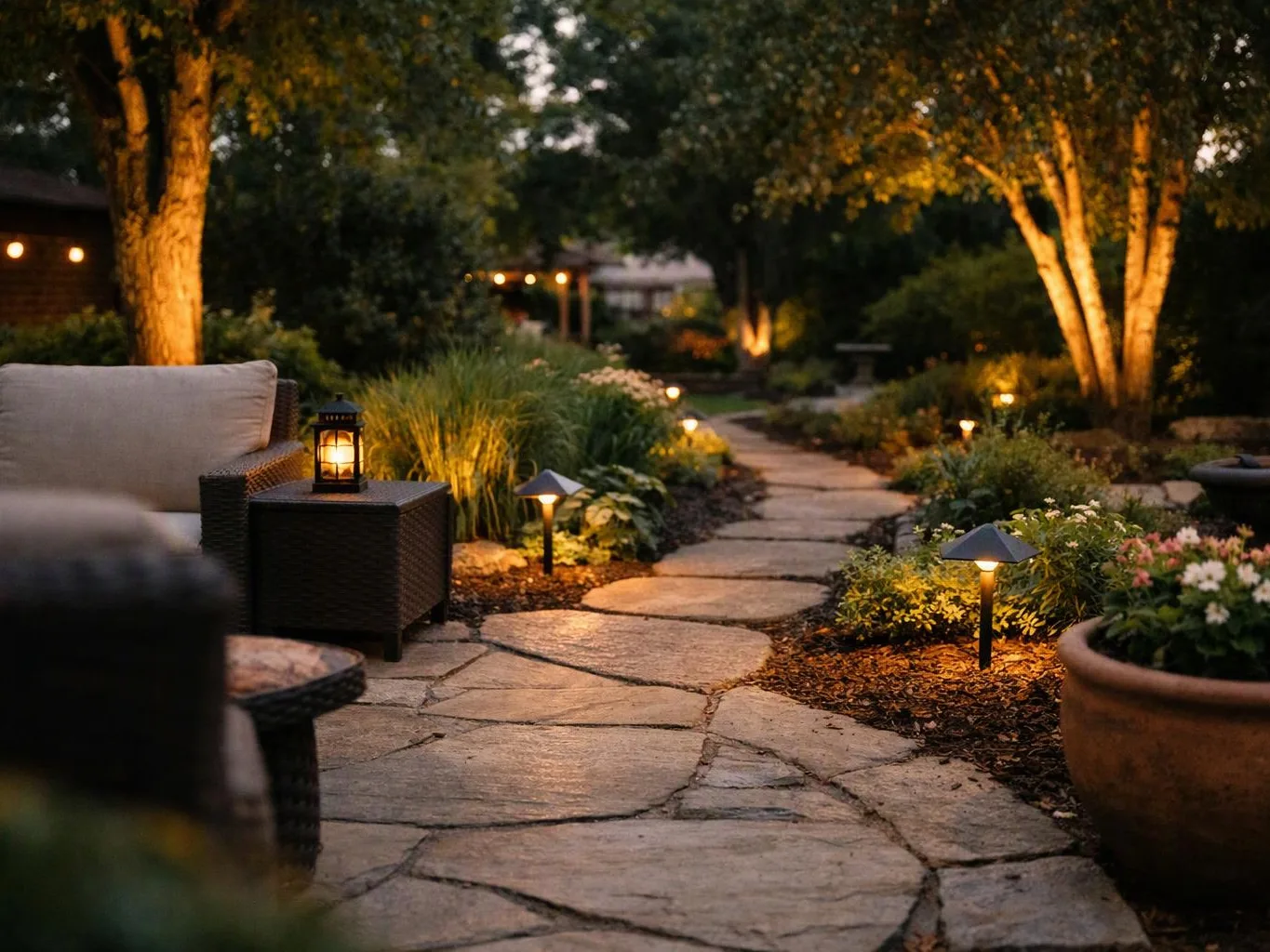 A stone garden path winds past lit plants, patio chairs, and glowing lanterns at dusk