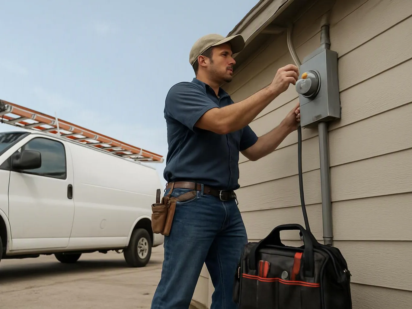 A technician adjusts an outdoor electrical box beside a house, with a white work van parked nearby