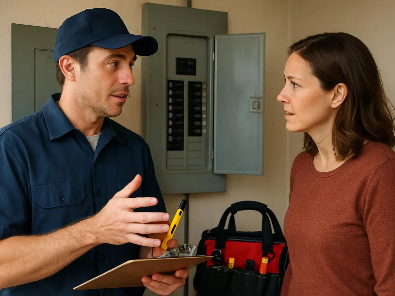 A technician in a blue uniform talks to a woman beside open electrical panels, holding a clipboard and tool