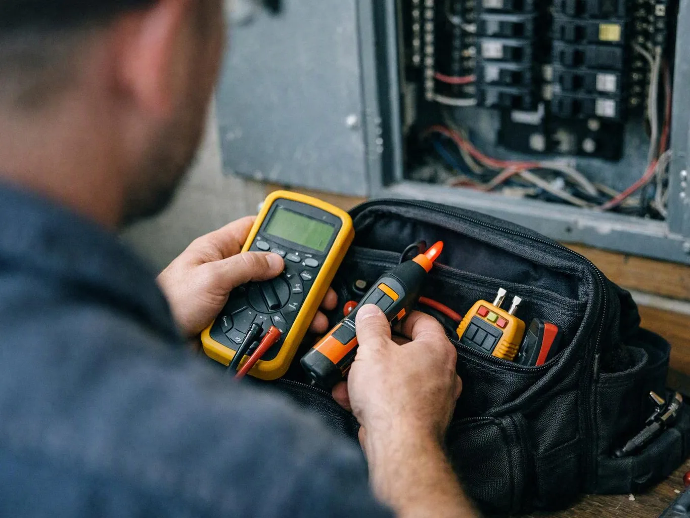 A technician holds a digital multimeter and a voltage tester beside an open electrical panel on a workbench