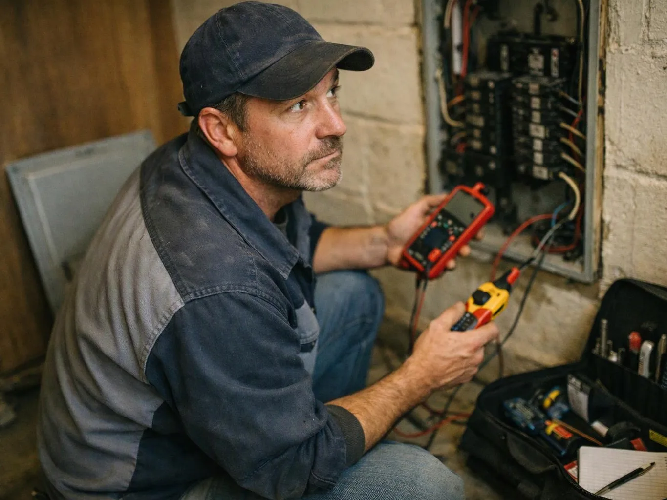 A technician kneels by an open electrical panel, holding test meters and checking exposed wires indoors