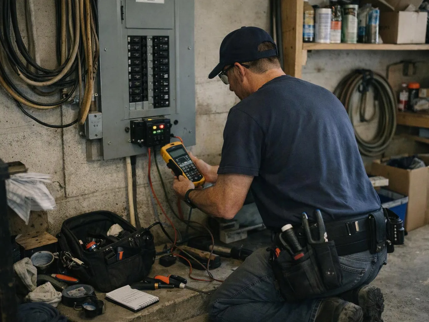 A technician kneels in a workshop, testing an electrical panel with a yellow meter and tools nearby