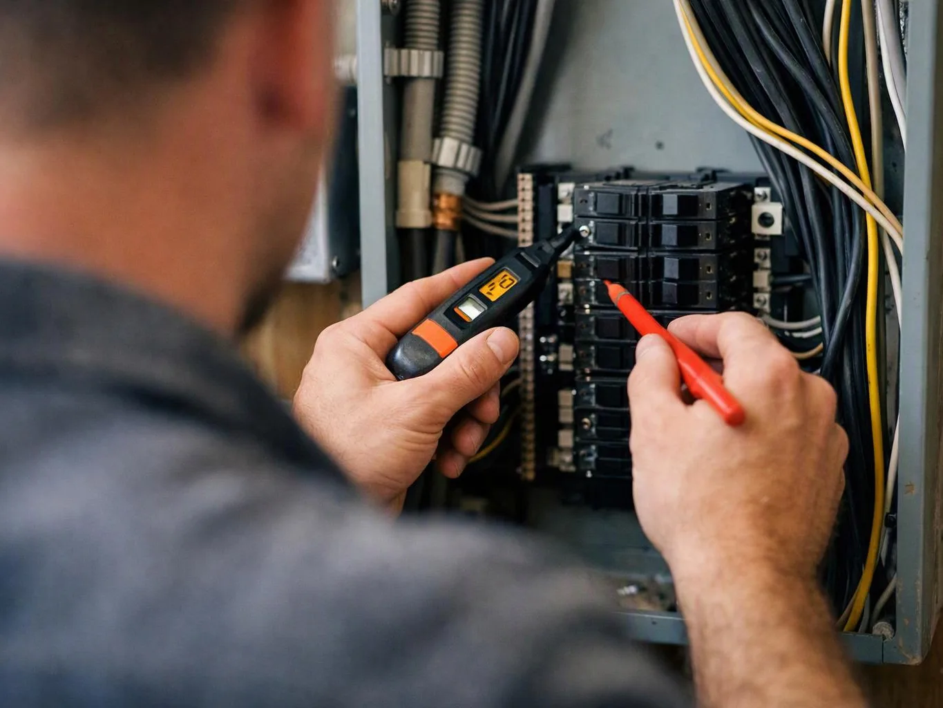 A technician tests wiring inside an open electrical panel with a probe and multimeter tool