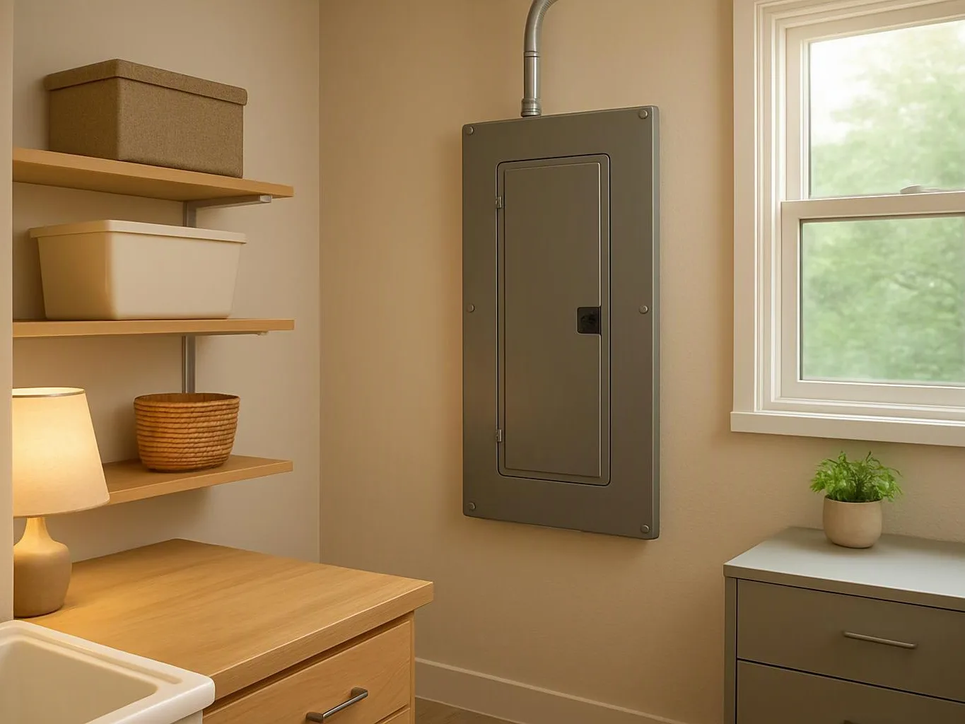 A tidy laundry room shows shelves, a sink, an electrical panel, a window, and a small plant