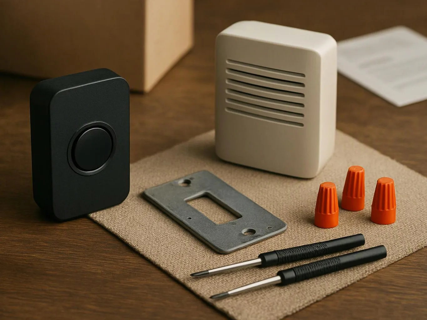 Two doorbell chime covers, a metal mounting plate, wire nuts, and screwdrivers rest on a wooden table
