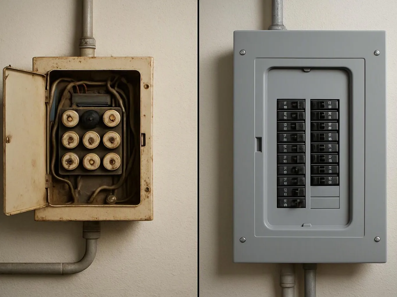 Two electrical panels hang on a wall, one open with fuses and wires, one closed with breakers