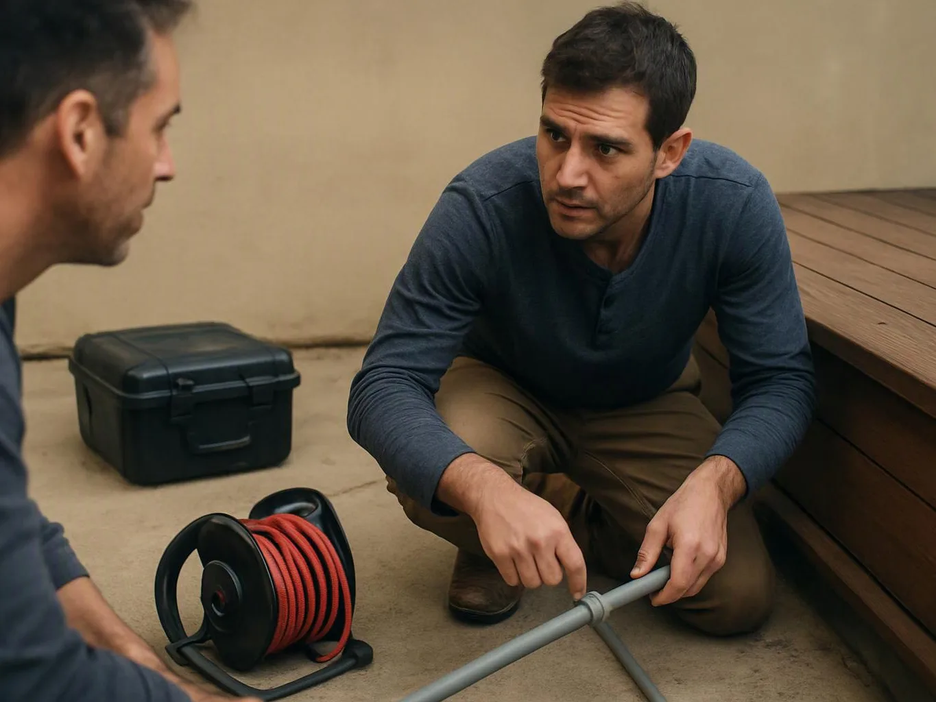 Two men crouch outdoors, one handling a gray pipe beside a red cable reel and black toolbox
