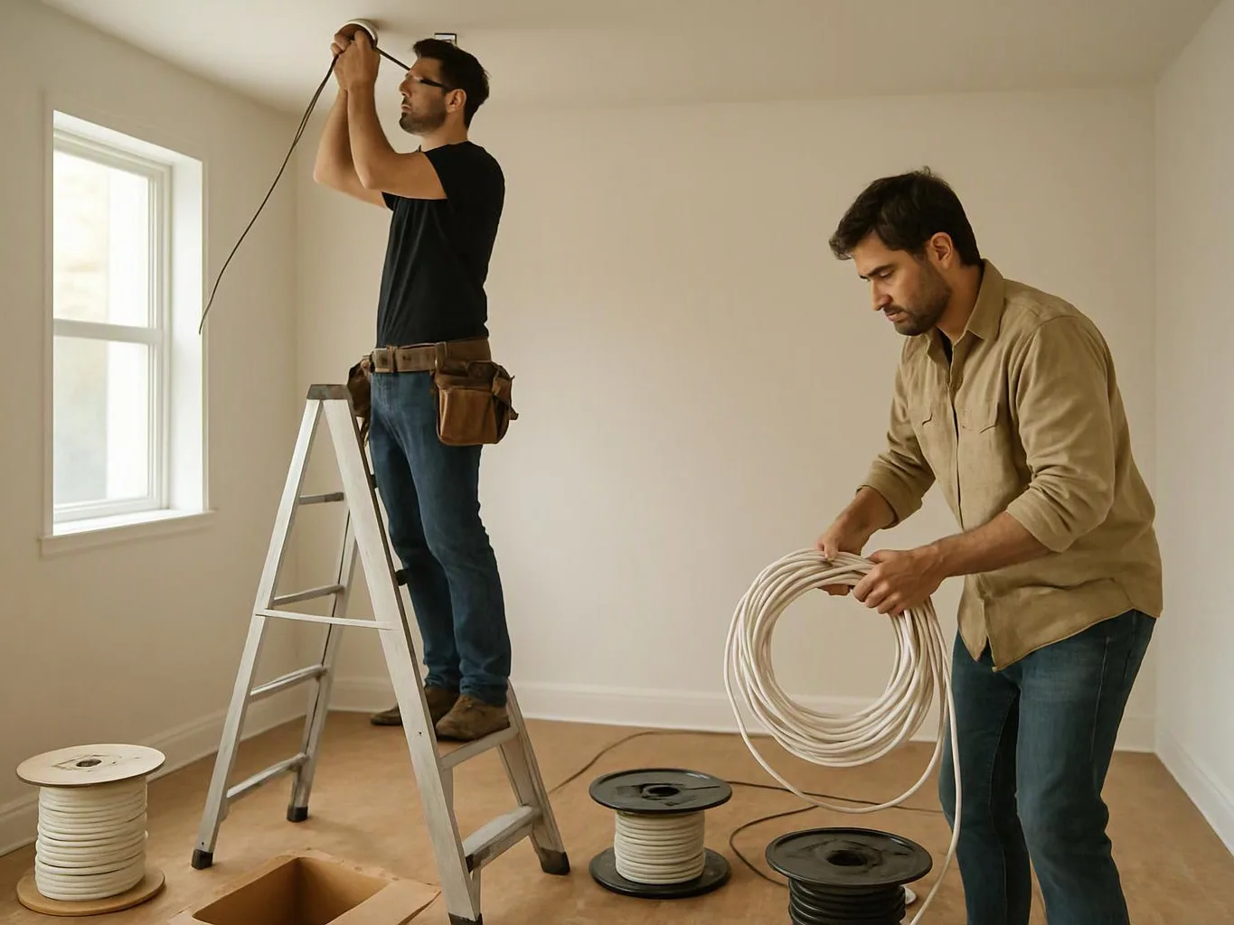 Two men install wiring in a bare room, one on a ladder and one holding a coiled cable