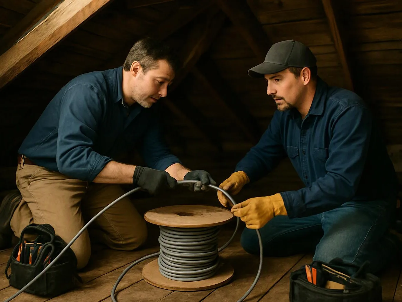 Two men kneel in a wooden attic, working together to guide a coiled cable onto a spool