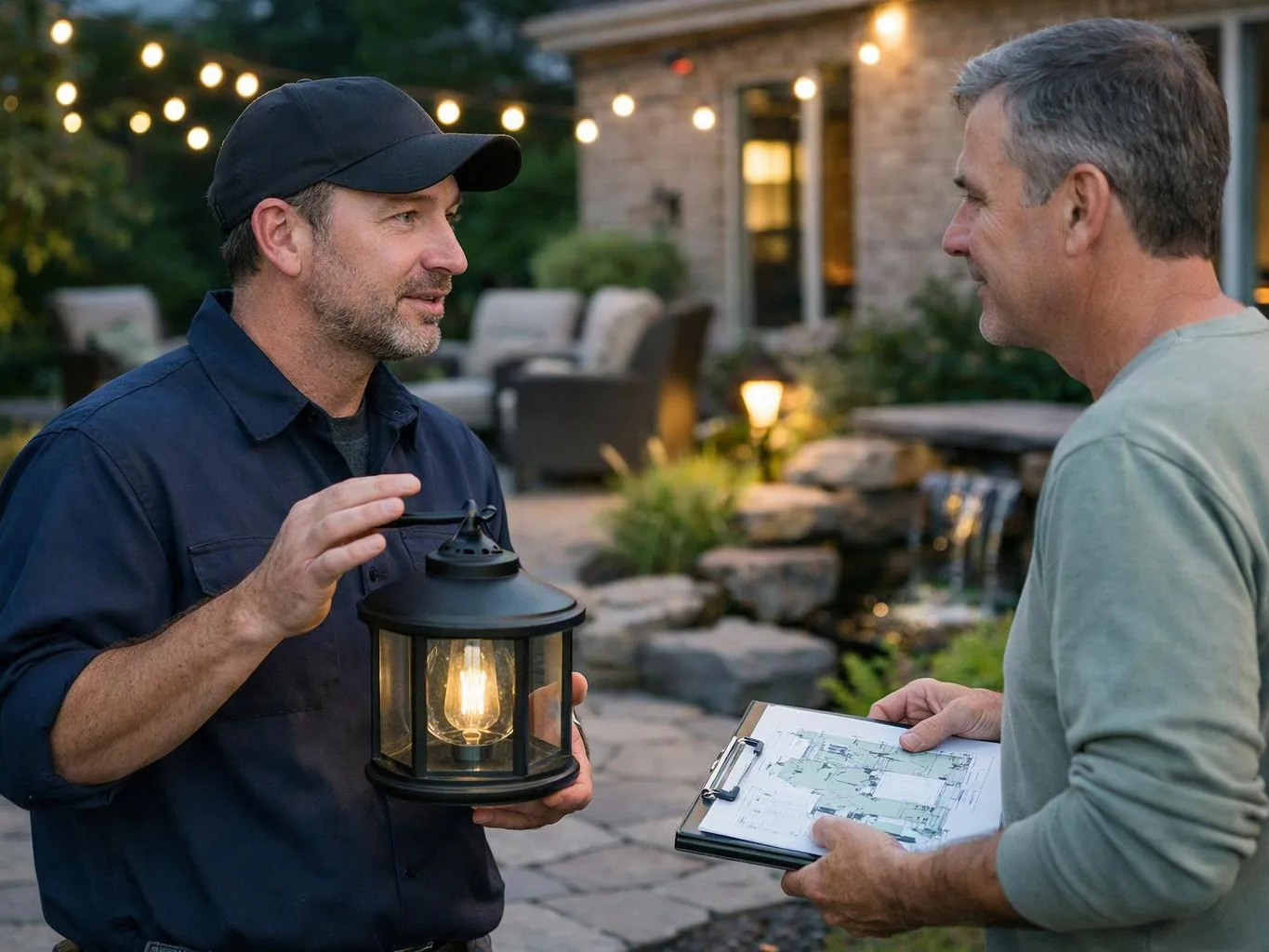 Two men talk in a landscaped backyard, one holding a lantern and the other a clipboard with plans