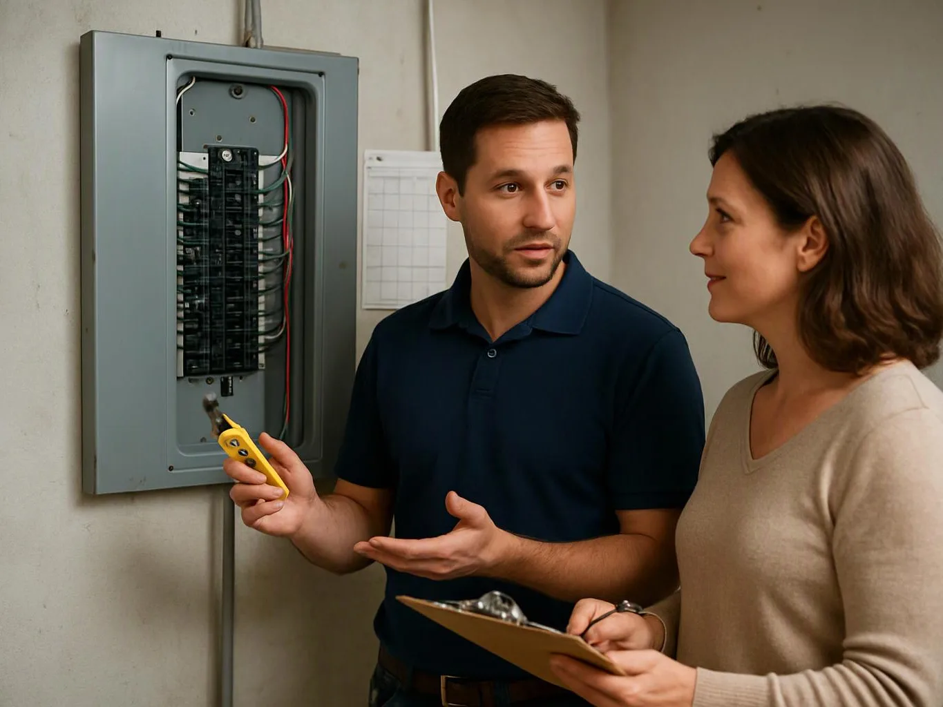 Two people examine an open electrical panel, one holding a yellow tester and the other writing on a clipboard