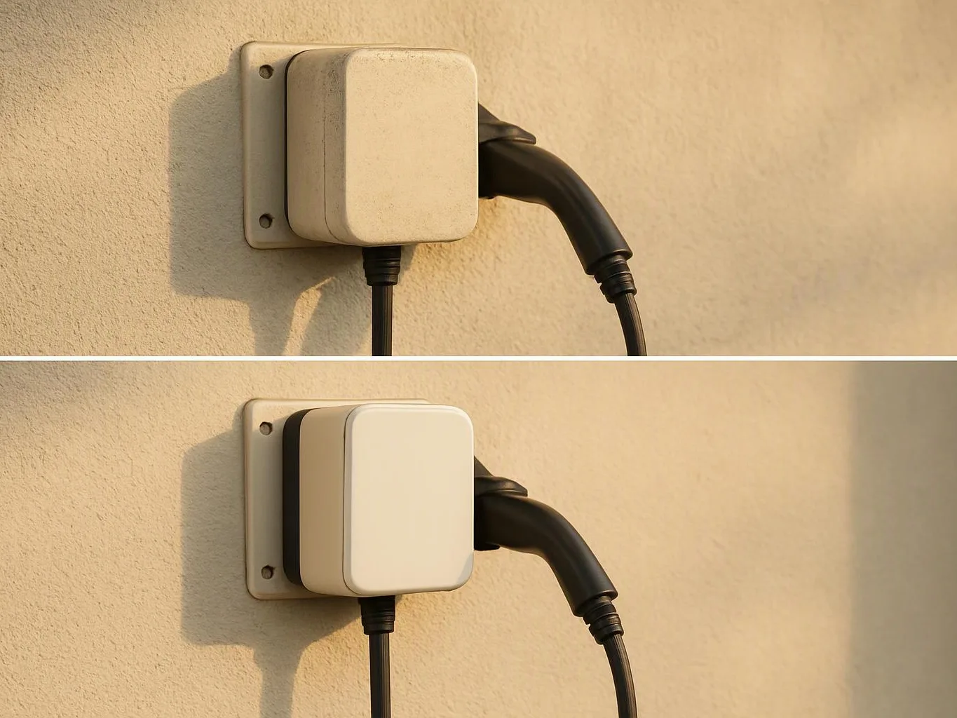 Two wall-mounted electric charging boxes sit on a beige stucco wall, with black cables plugged in underneath