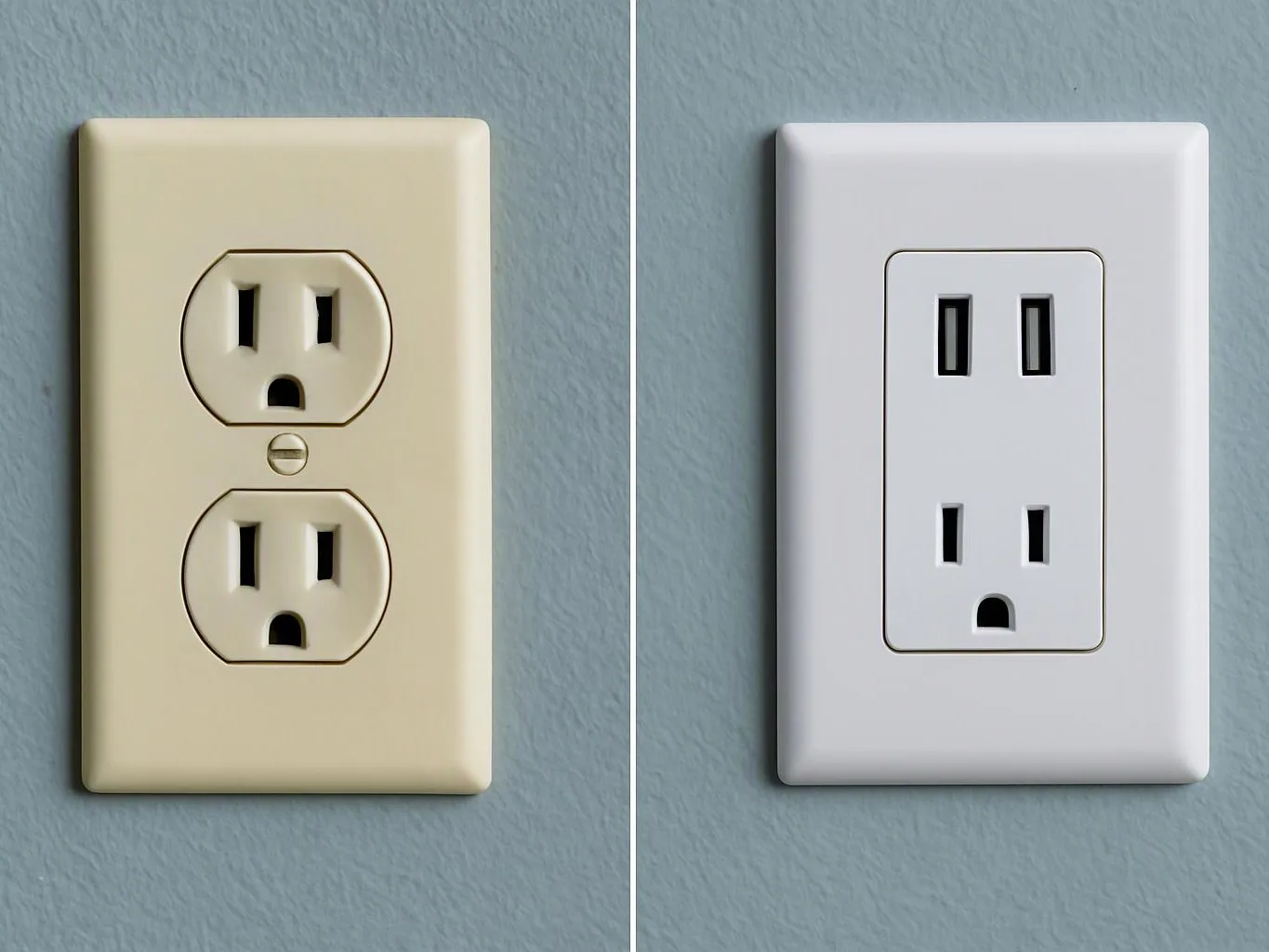Two wall outlets are shown side by side on a blue painted wall, one beige and one white