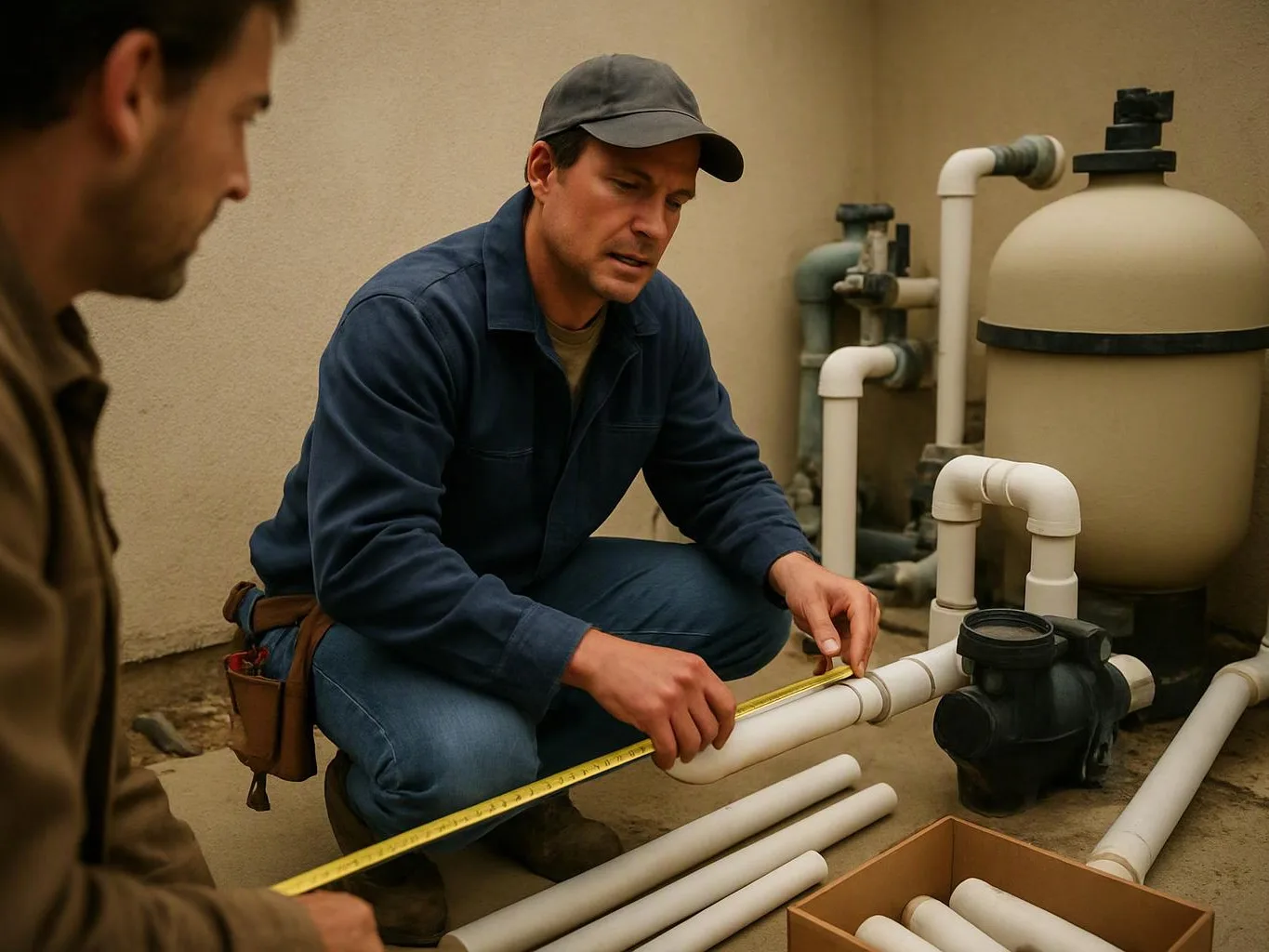 Two workers inspect white pipes and a filter tank beside a beige wall, with one measuring a pipe with a tape measure