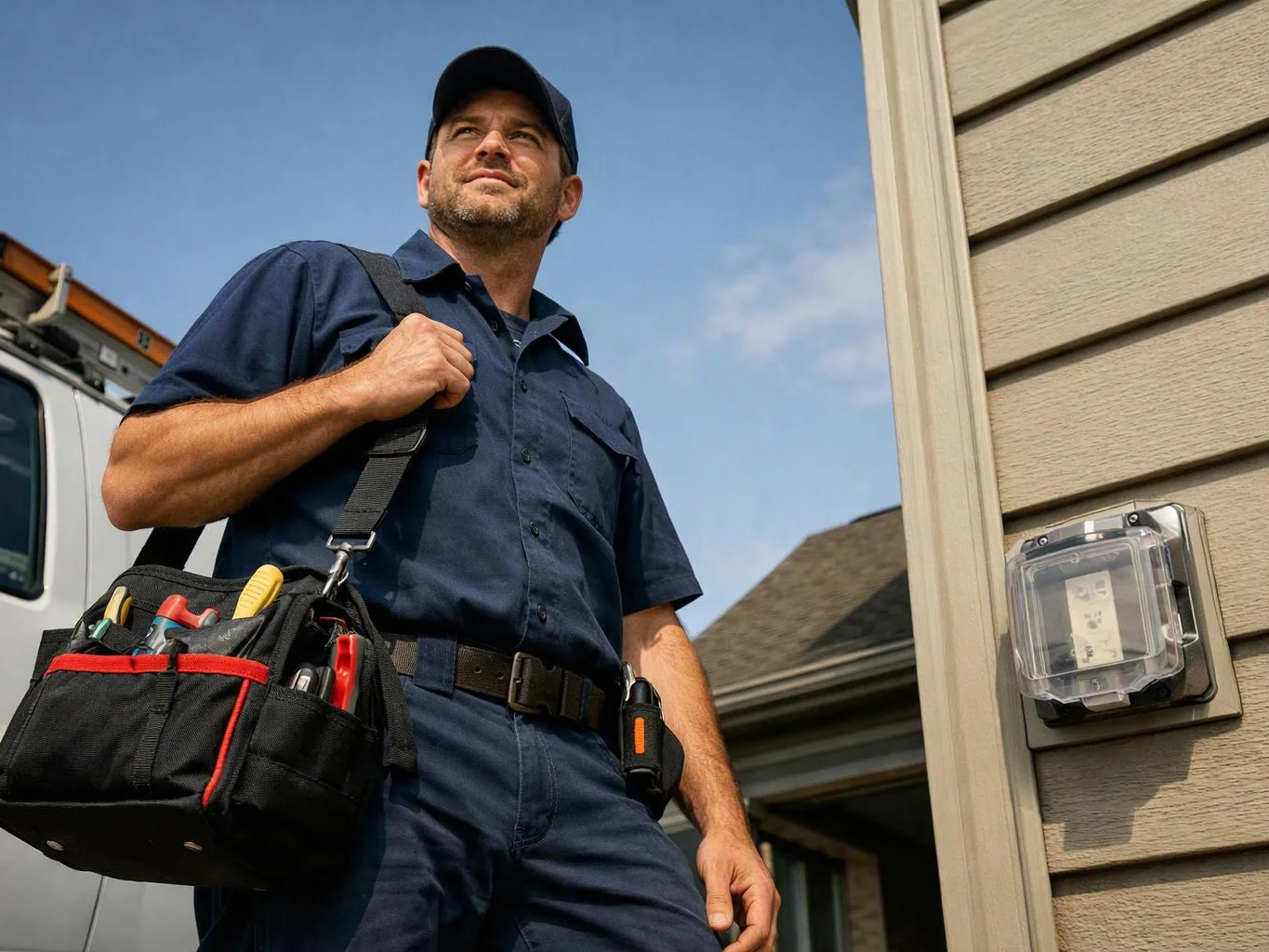 A utility worker in blue stands by a house wall, carrying a tool bag and looking upward
