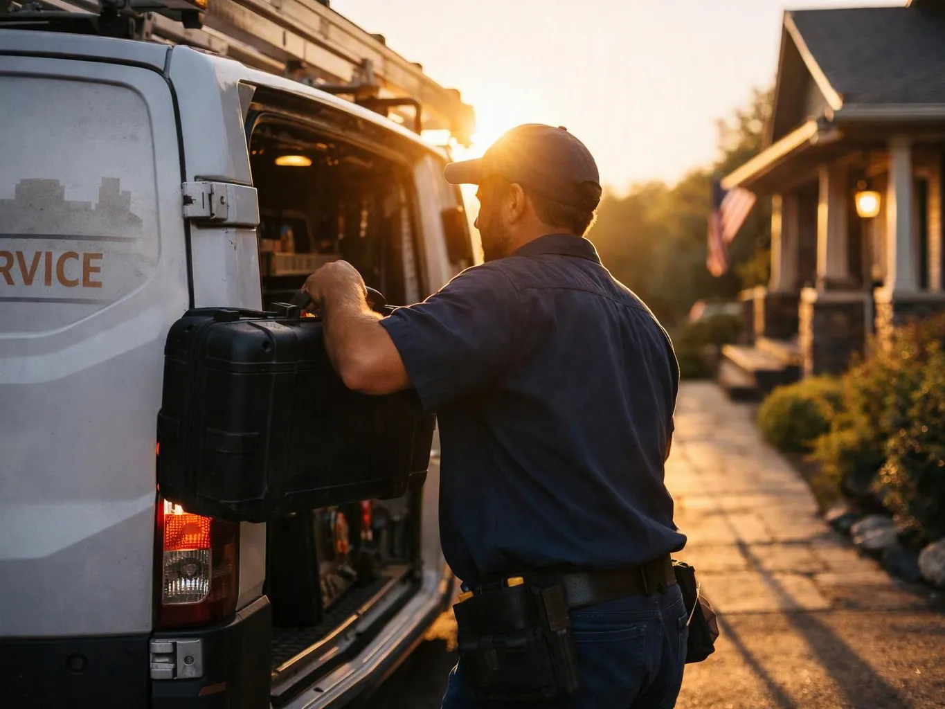 A utility worker loads a black case into a service van beside a house at sunset