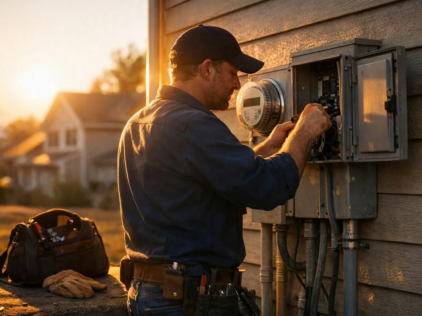 A utility worker repairs an open electrical panel outside a house at sunset