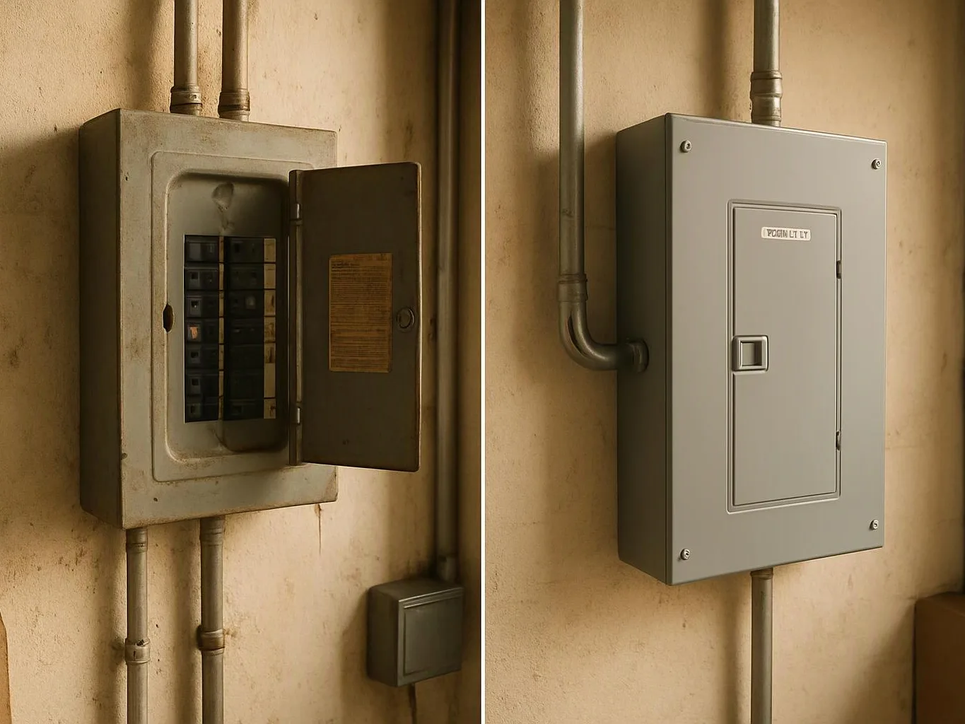 A wall-mounted electrical panel stands open on the left and closed on the right in a beige utility room