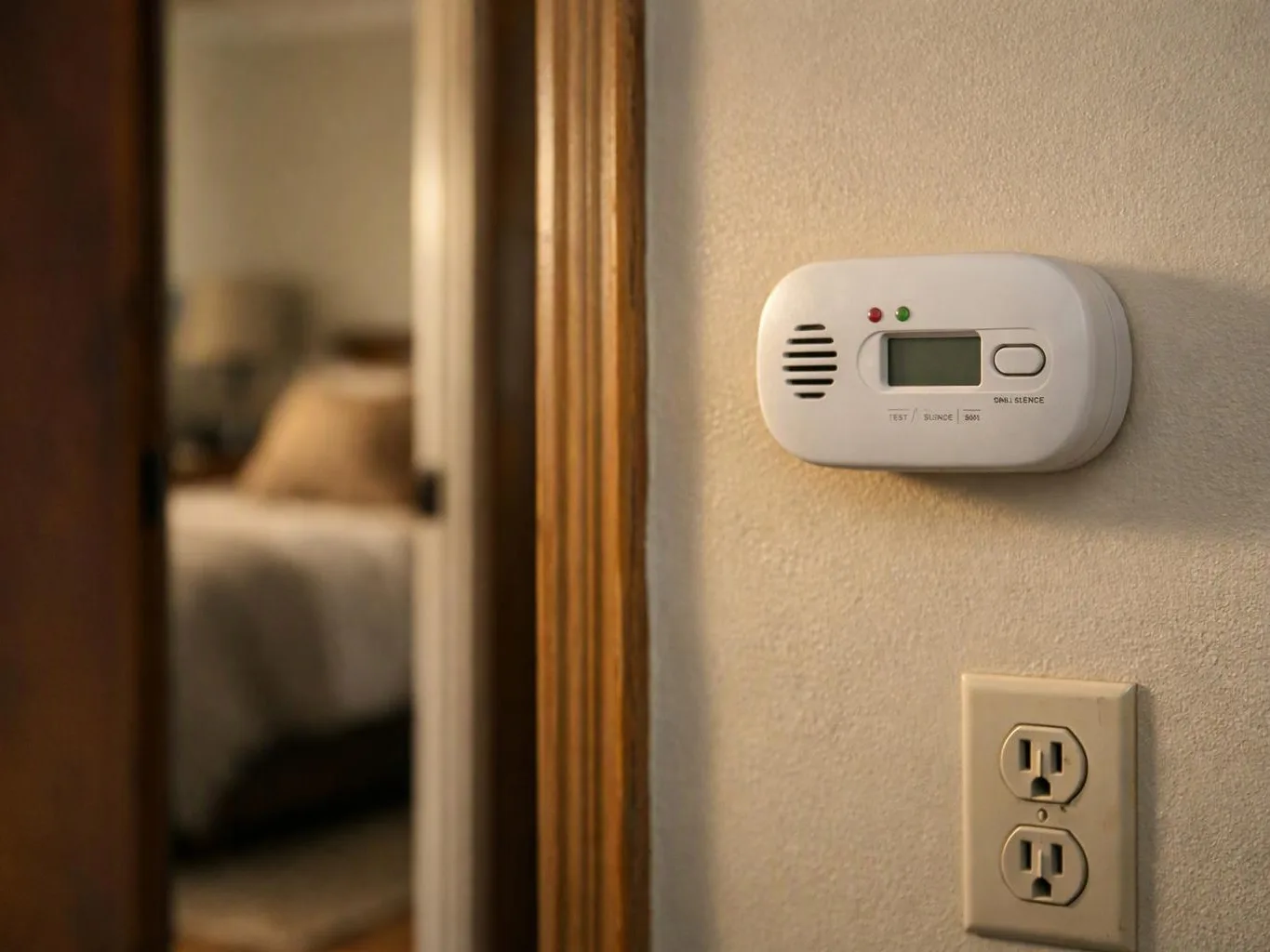 A wall-mounted smoke alarm sits above an electrical outlet beside a doorway, with a blurred bedroom in the background
